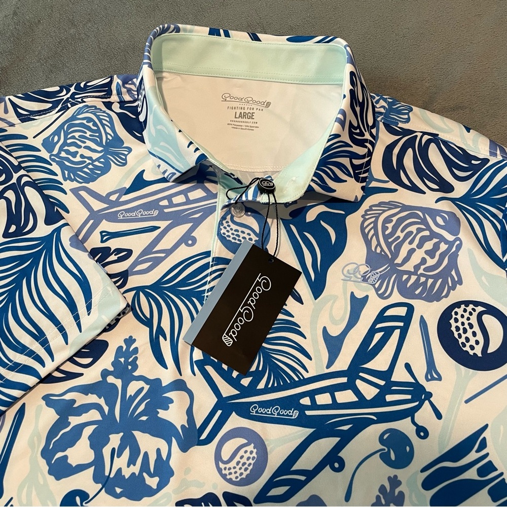 Good Good Polo Shirt Mens White Blue Approach Me Golf Performance Stretch Fish